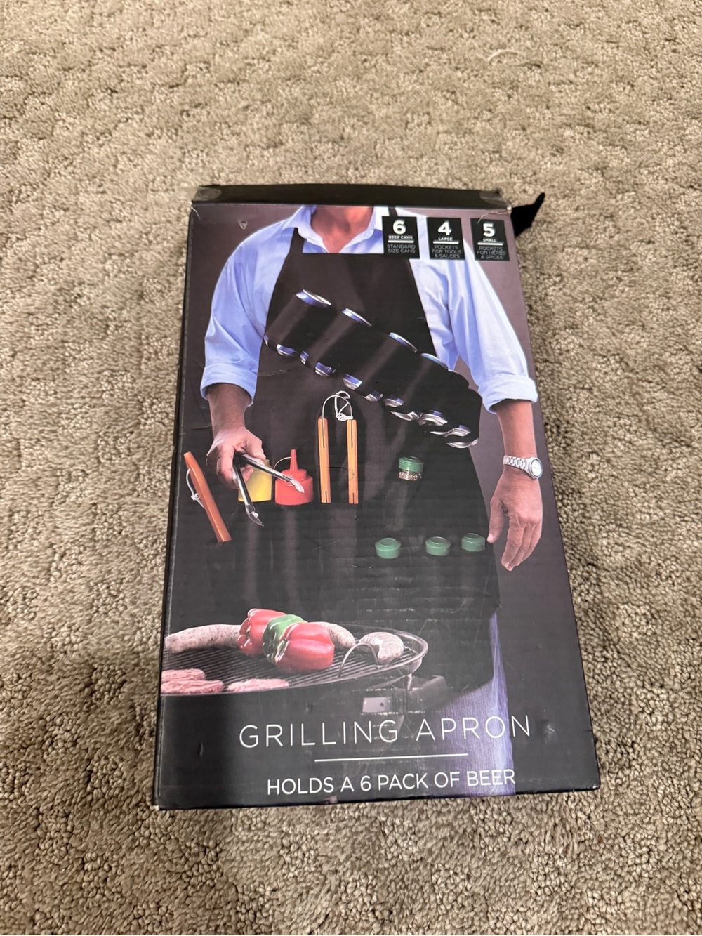 Grilling Apron with 6-Pack Beer Holder - Black